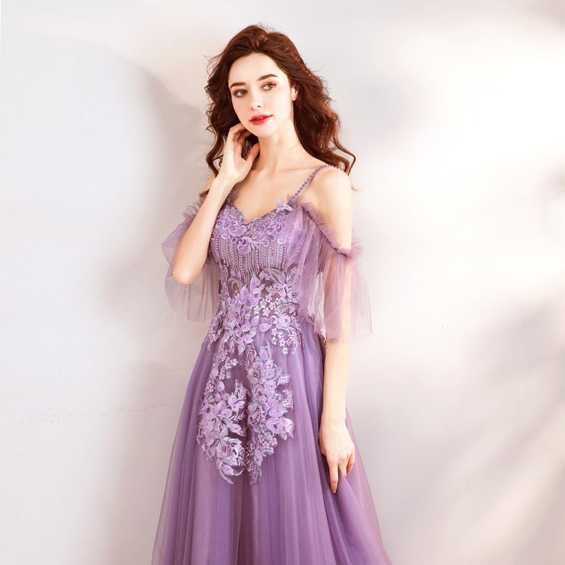 Purple Evening Dress Strapless A-line Tulle Party Evening Dresses Sex Floor-length Short Sleeves Lace up LX807