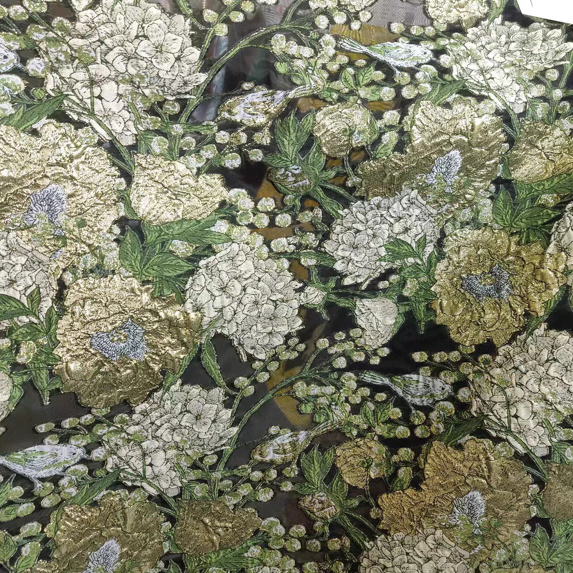 FAB-BROC-018 Summer European style flower and bird embossed gold silk organza cut flower fabric tube top dress headscarf hairband jacquard fabric thin and transparent