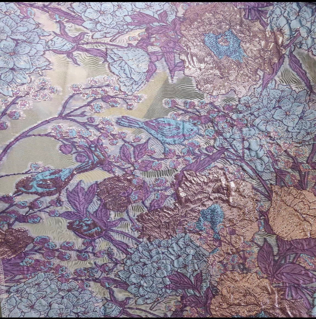 FAB-BROC-018 Summer European style flower and bird embossed gold silk organza cut flower fabric tube top dress headscarf hairband jacquard fabric thin and transparent