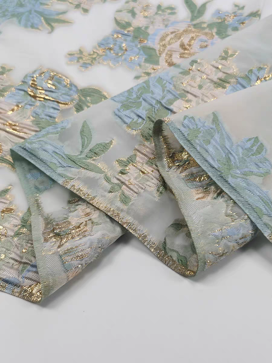 FAB-BROC-023 Spring and summer breathable gold silk organza cut flower fabric fresh swing skirt wedding dress jacquard fabric advanced customization