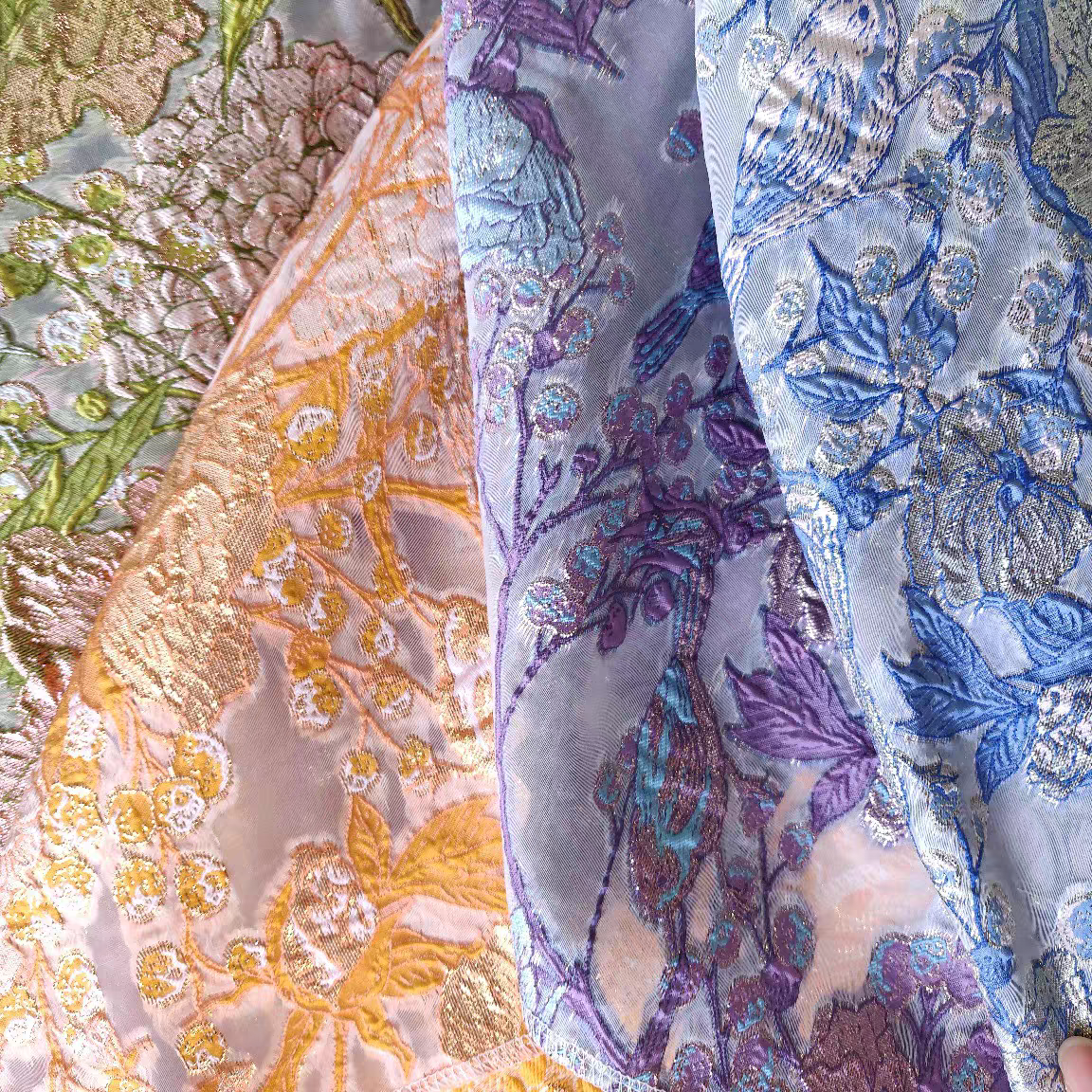 FAB-BROC-018 Summer European style flower and bird embossed gold silk organza cut flower fabric tube top dress headscarf hairband jacquard fabric thin and transparent