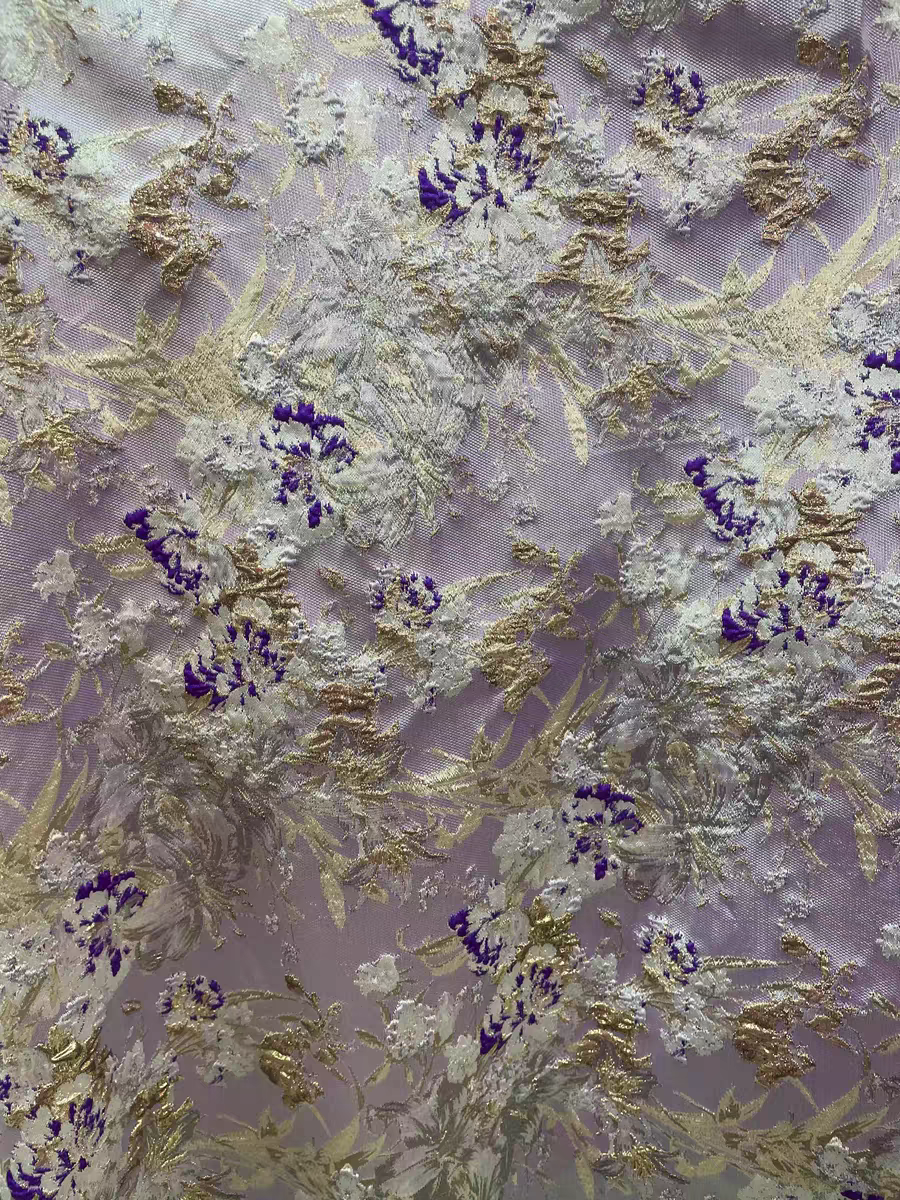 FAB-BROC-021 European and American custom gold silk double-sided yarn-dyed jacquard fabric dress cheongsam windbreaker dress fabric brocade purple relief