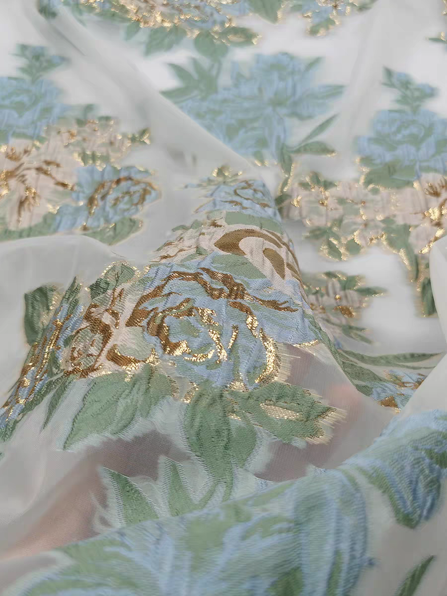 FAB-BROC-023 Spring and summer breathable gold silk organza cut flower fabric fresh swing skirt wedding dress jacquard fabric advanced customization