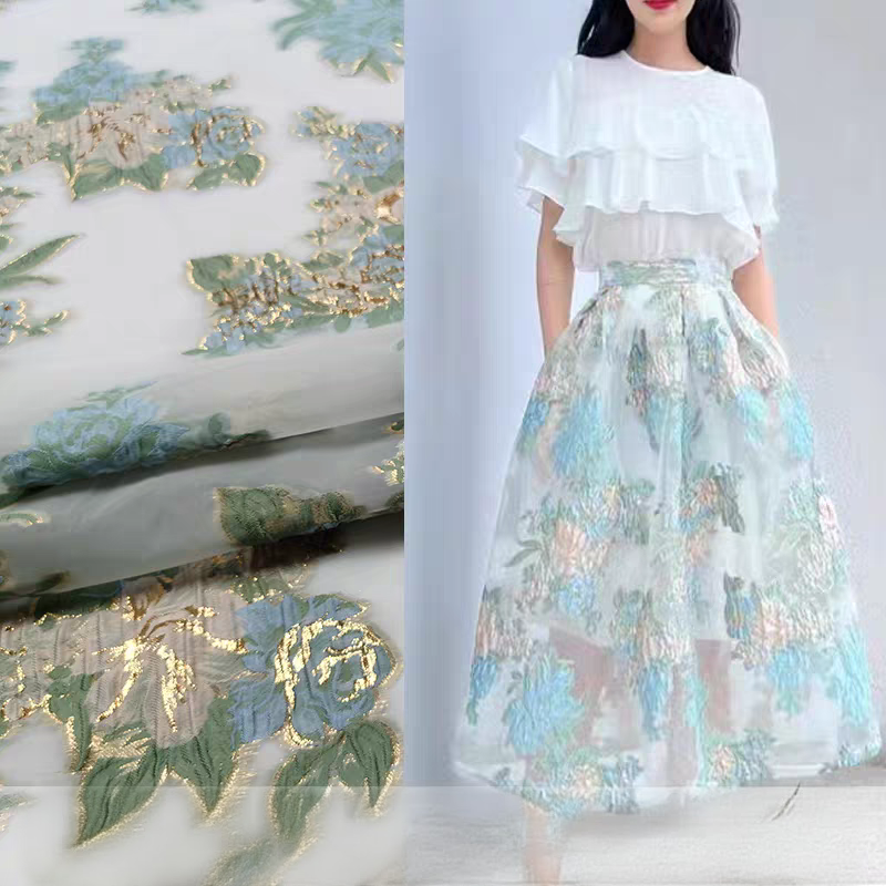 FAB-BROC-023 Spring and summer breathable gold silk organza cut flower fabric fresh swing skirt wedding dress jacquard fabric advanced customization