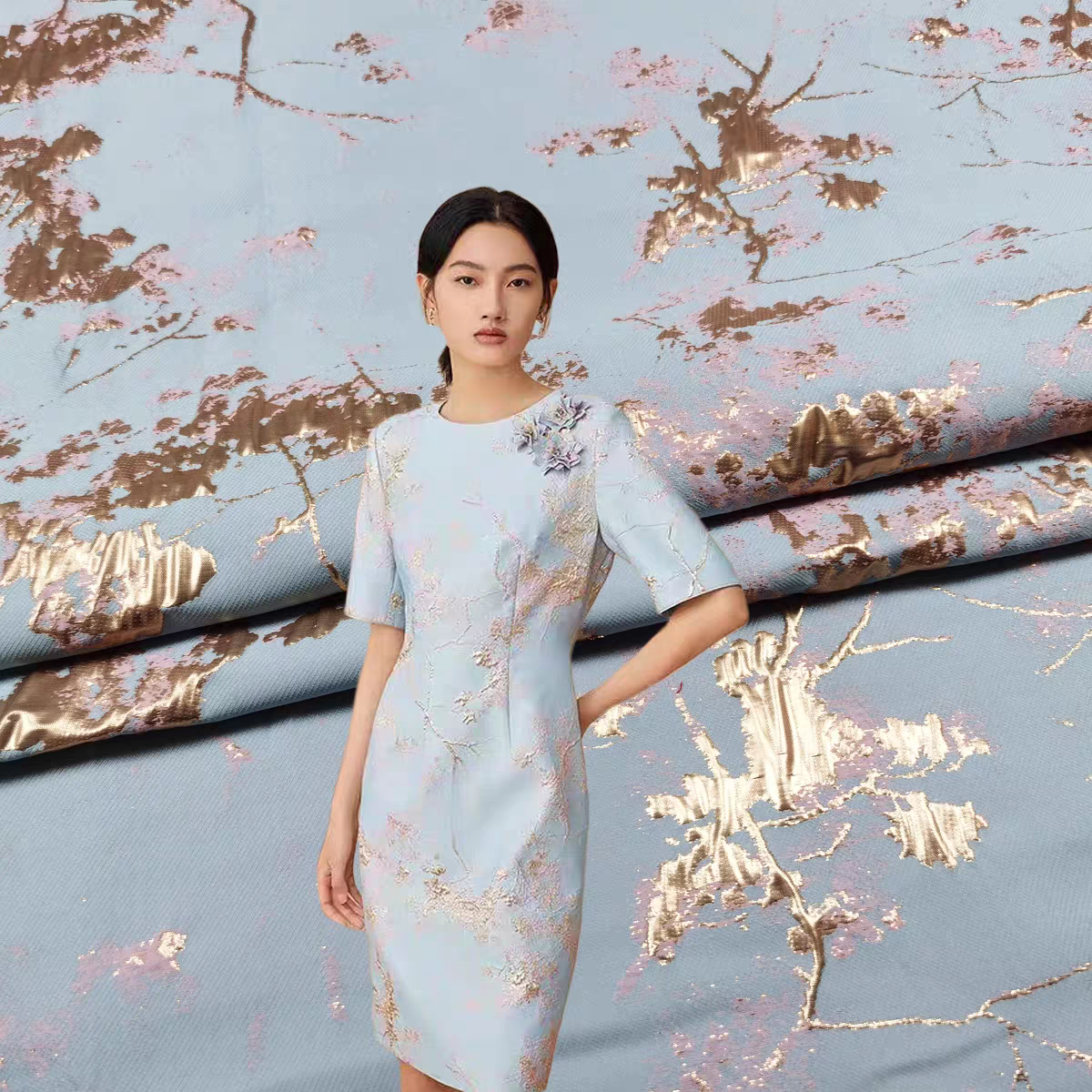 FAB-BROC-022 High-grade golden silk wax plum jacquard dress fabric summer dress brocade improved cheongsam Hanfu fabric