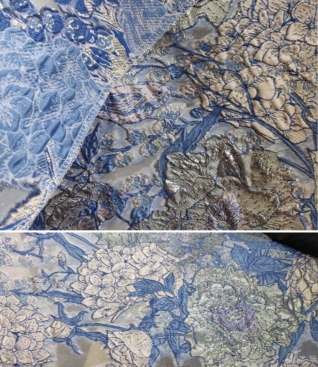 FAB-BROC-018 Summer European style flower and bird embossed gold silk organza cut flower fabric tube top dress headscarf hairband jacquard fabric thin and transparent