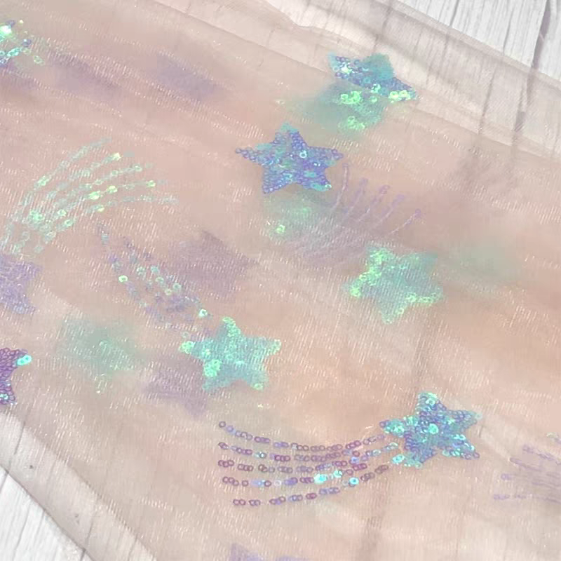 Exquisite Symphony Blue Pentagram Mesh Sequin Fabric Children's Clothes Dress Dress Clothing Women's Clothing Handmade Decorative Cloth