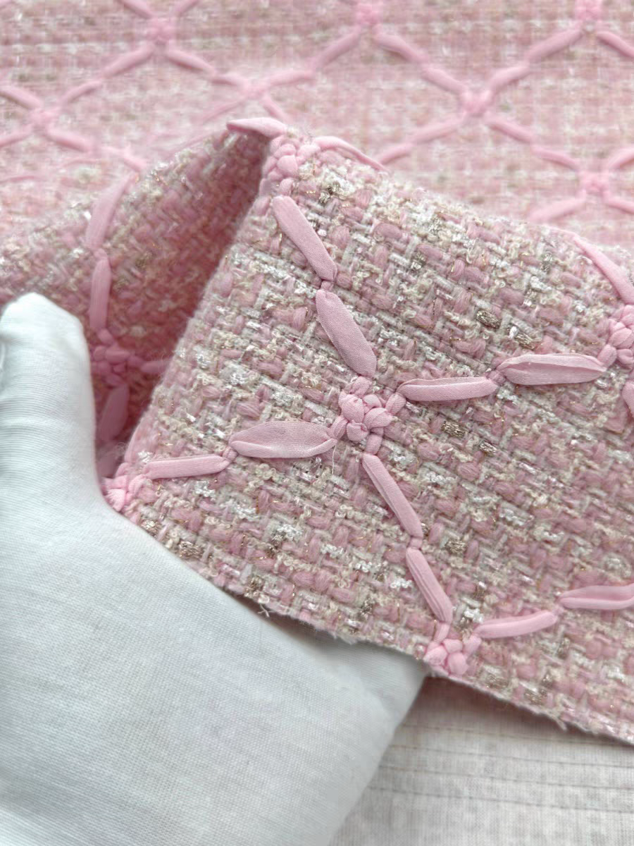 Autumn and winter new style pink bright silk embroidery small fragrant fabric tweed wool fabric jacket skirt vest coat
