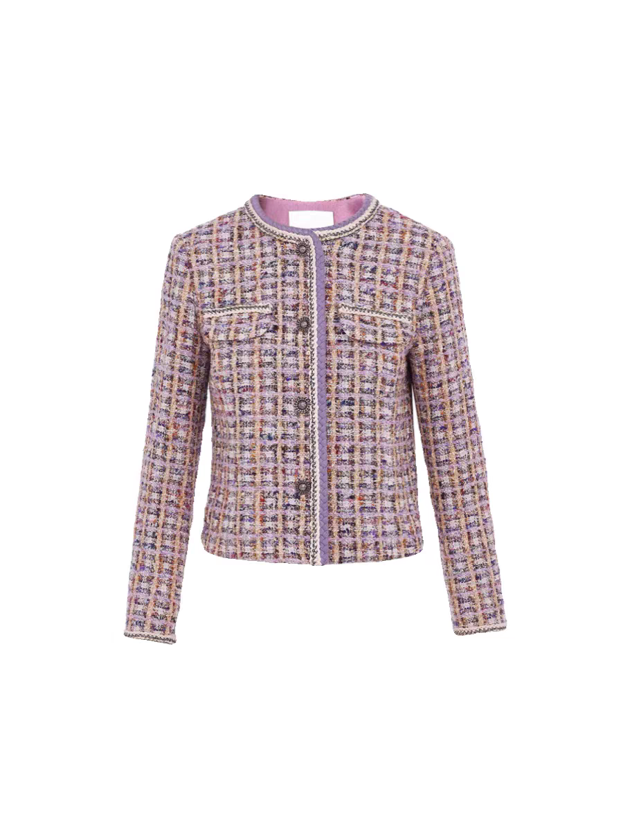 Autumn and winter new style bright silk high-end wool purple socialite small fragrant style tweed jacket dress two-piece vest | Amehandmadesg