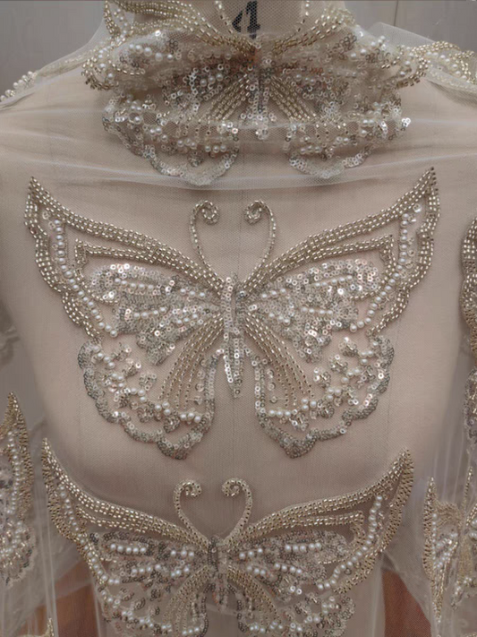 High-quality heavy-duty nail embroidery sequin butterfly style lace wedding dress mesh veil veil dress DIY lace accessories applique
