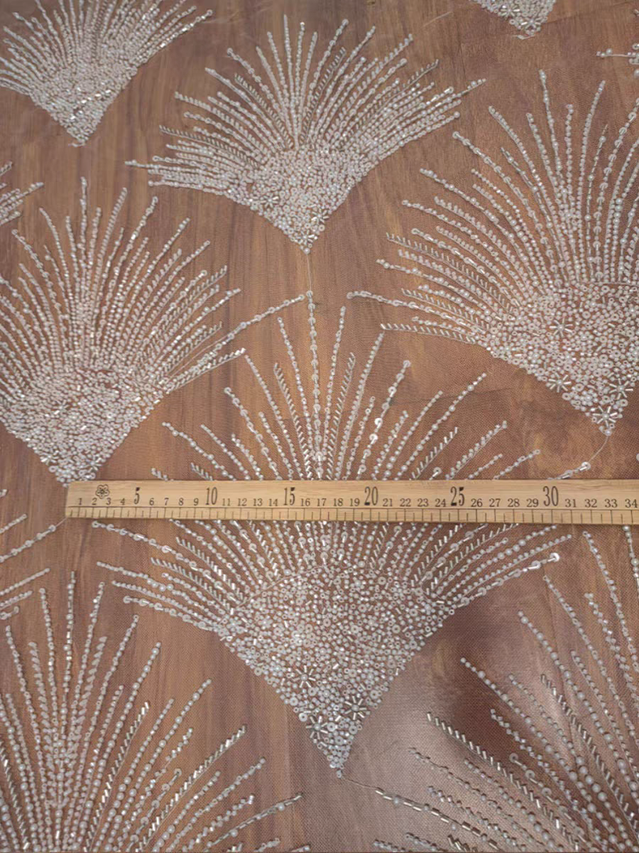 New high quality heavy industry fully beaded fish scale wavy lace fabric wedding gauze mesh dress custom decoration
