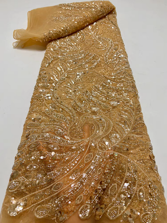 European and American gold net fabric bead tube embroidery wedding dress phoenix feather sequin embroidery fabric nail beads 6 beads