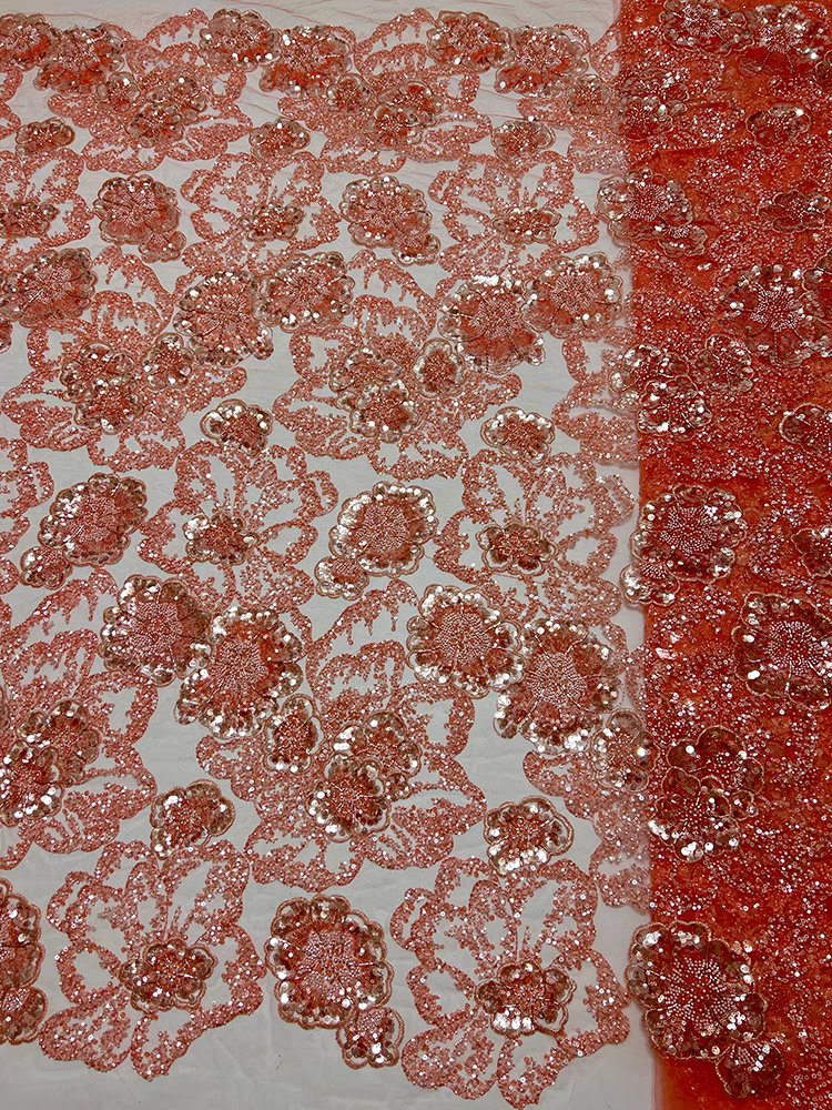 Blue mesh heavy industry bead tube embroidery beading three-dimensional flower pattern sequin embroidery fabric dress wedding dress