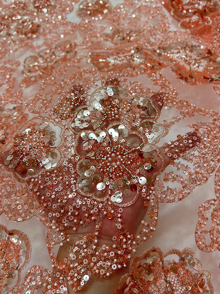 Blue mesh heavy industry bead tube embroidery beading three-dimensional flower pattern sequin embroidery fabric dress wedding dress