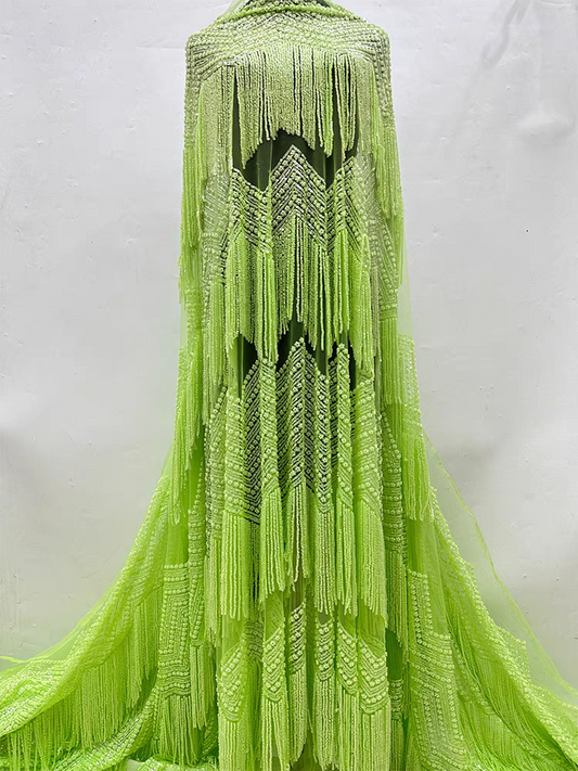 Green mesh fabric heavy bead tube embroidery tassel beads small flower bubble beads sequin embroidery fabric dress wedding dress