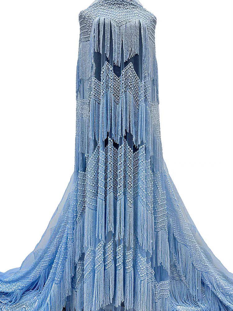 Green mesh fabric heavy bead tube embroidery tassel beads small flower bubble beads sequin embroidery fabric dress wedding dress