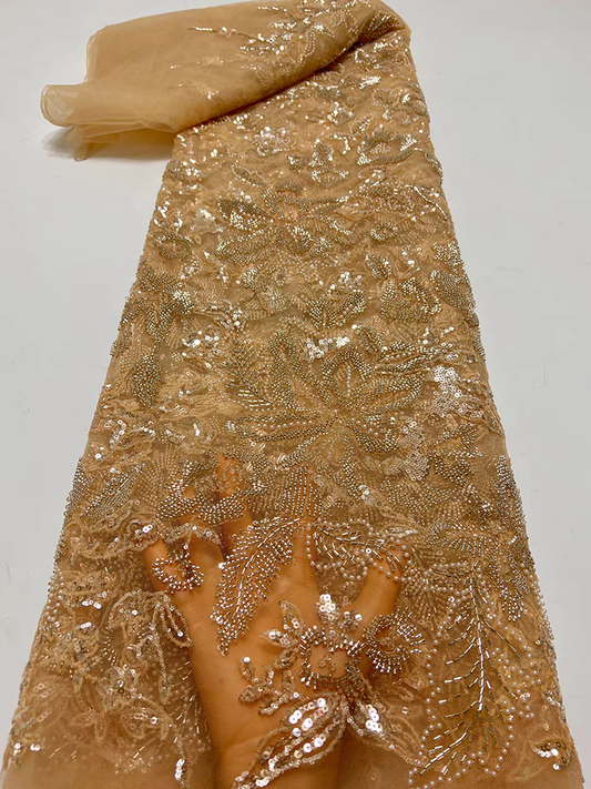 European and American green mesh fabric heavy industry bead tube embroidery beading floral pattern bubble bead sequin embroidery fabric dress wedding dress