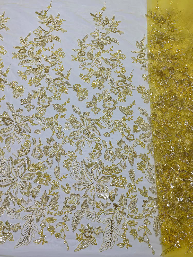 European and American green mesh fabric heavy industry bead tube embroidery beading floral pattern bubble bead sequin embroidery fabric dress wedding dress