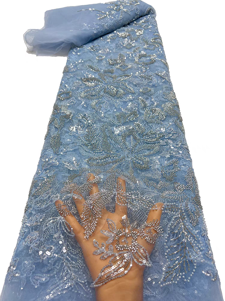 European and American green mesh fabric heavy industry bead tube embroidery beading floral pattern bubble bead sequin embroidery fabric dress wedding dress