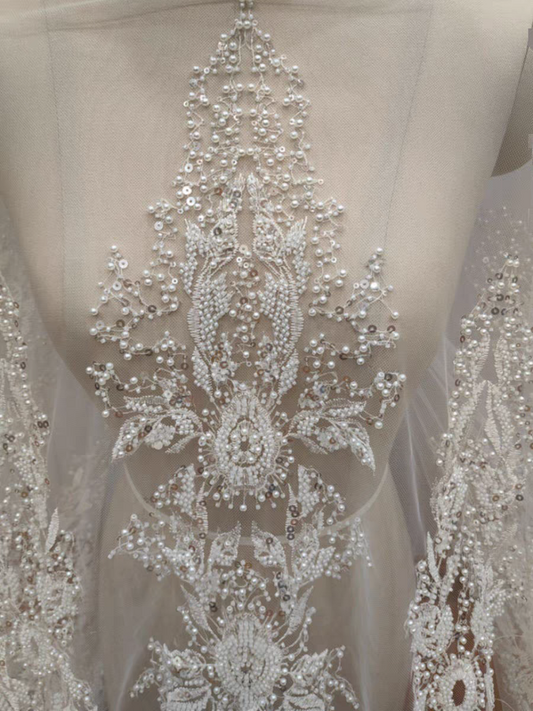 High quality heavy industry luxury nail embroidery silver sequin lace fabric wedding dress women's mesh dress DIY lace accessories