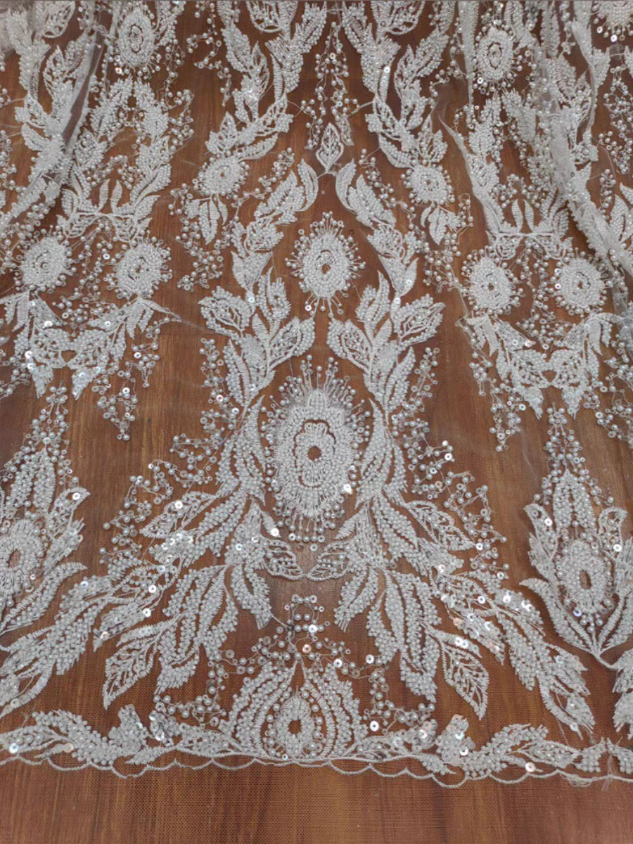 High quality heavy industry luxury nail embroidery silver sequin lace fabric wedding dress women's mesh dress DIY lace accessories