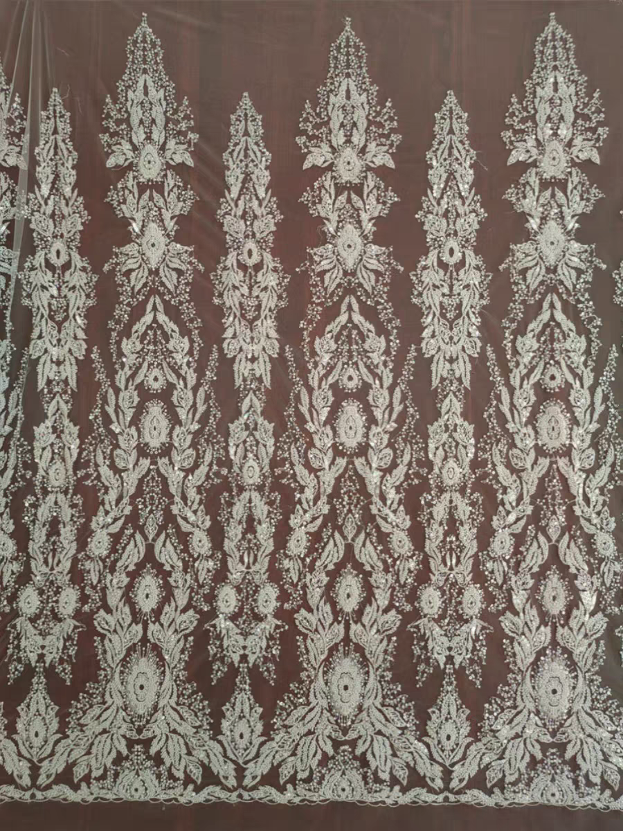 High quality heavy industry luxury nail embroidery silver sequin lace fabric wedding dress women's mesh dress DIY lace accessories