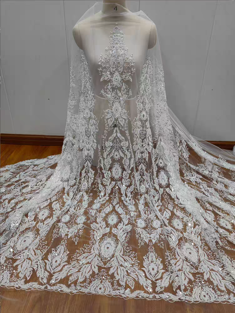 High quality heavy industry luxury nail embroidery silver sequin lace fabric wedding dress women's mesh dress DIY lace accessories