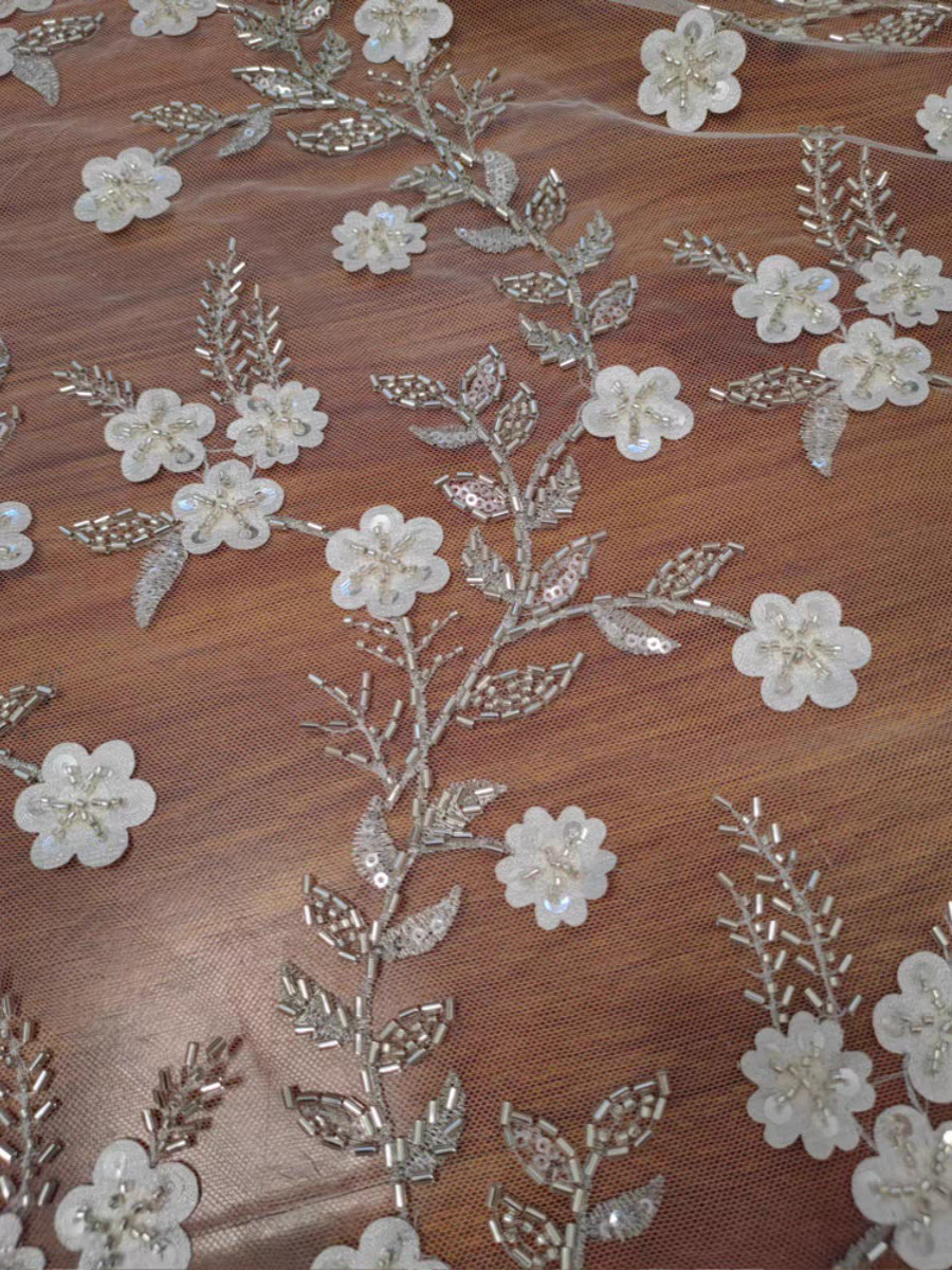 Exquisite sequin three-dimensional beading embroidery flower soft lace fabric wedding gauze mesh dress custom accessories lace