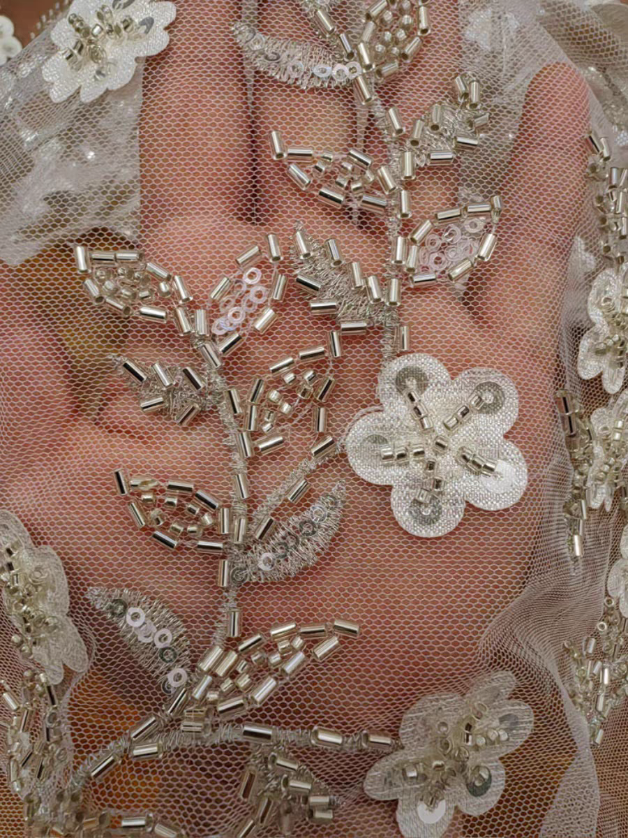 Exquisite sequin three-dimensional beading embroidery flower soft lace fabric wedding gauze mesh dress custom accessories lace