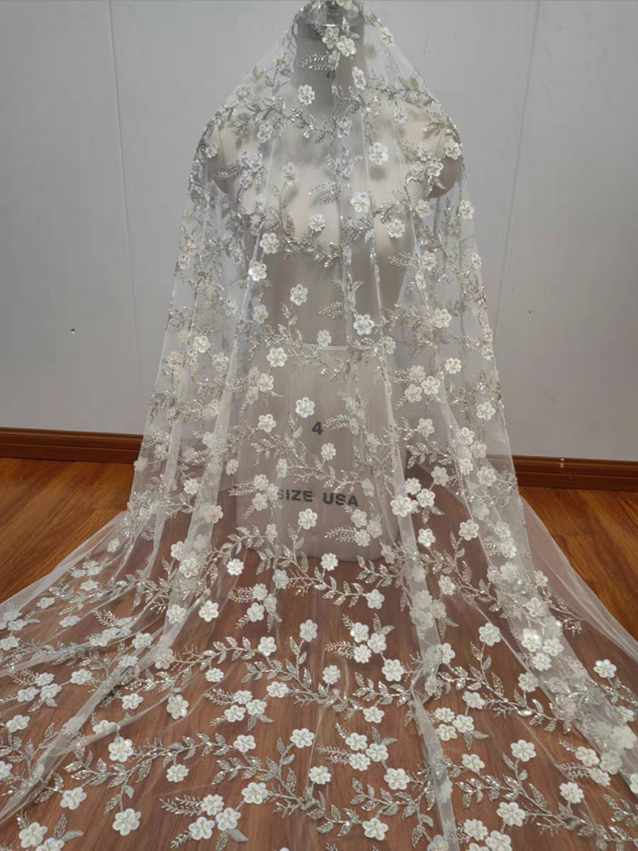 Exquisite sequin three-dimensional beading embroidery flower soft lace fabric wedding gauze mesh dress custom accessories lace