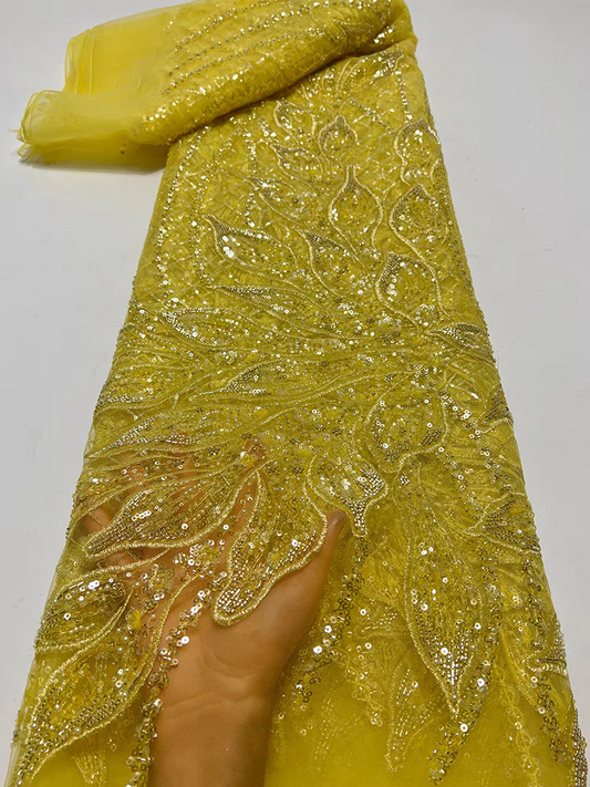 New green mesh fabric bead tube embroidery heavy industry beading petal type sequin embroidery fabric dress wedding dress