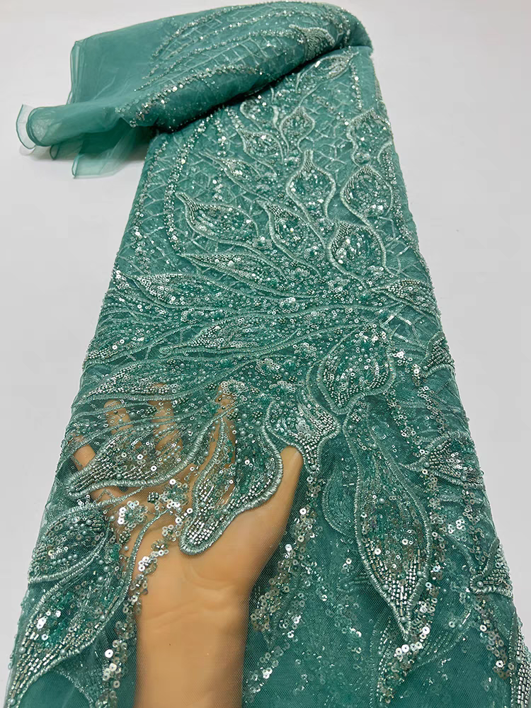 New green mesh fabric bead tube embroidery heavy industry beading petal type sequin embroidery fabric dress wedding dress