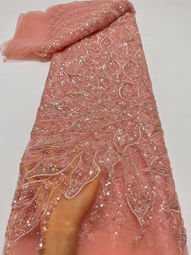 New green mesh fabric bead tube embroidery heavy industry beading petal type sequin embroidery fabric dress wedding dress