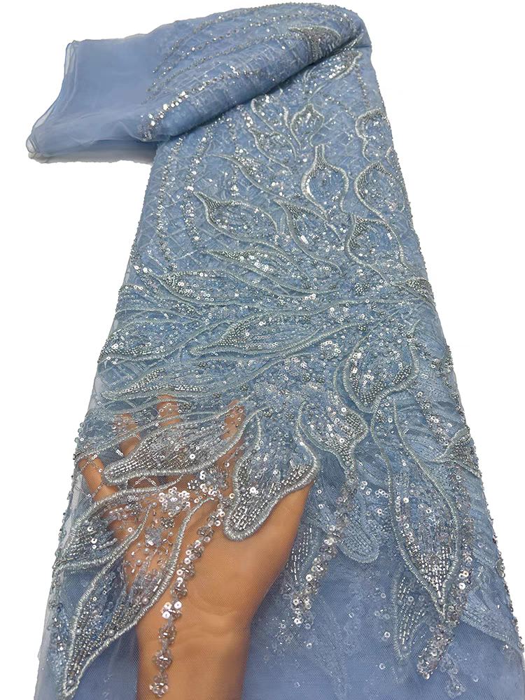 New green mesh fabric bead tube embroidery heavy industry beading petal type sequin embroidery fabric dress wedding dress