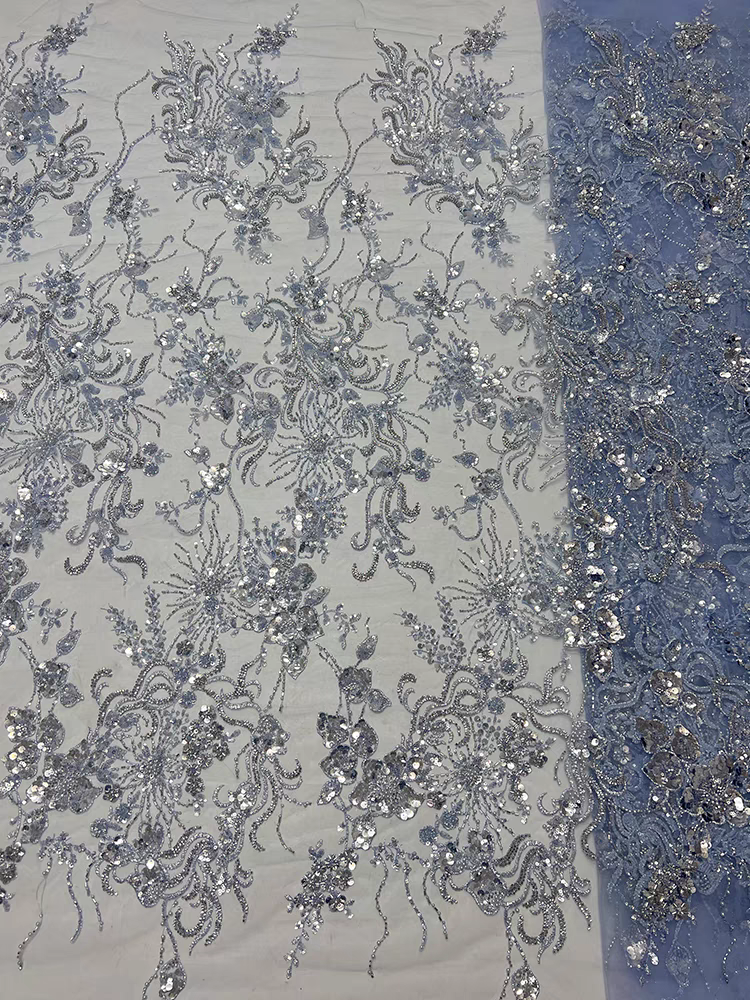 Foreign trade spot mesh fabric bead tube embroidery beading flowers large beads sequin embroidery fabric dress wedding dress cheongsam