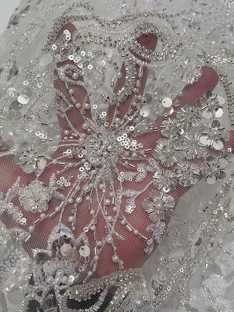 Foreign trade spot mesh fabric bead tube embroidery beading flowers large beads sequin embroidery fabric dress wedding dress cheongsam