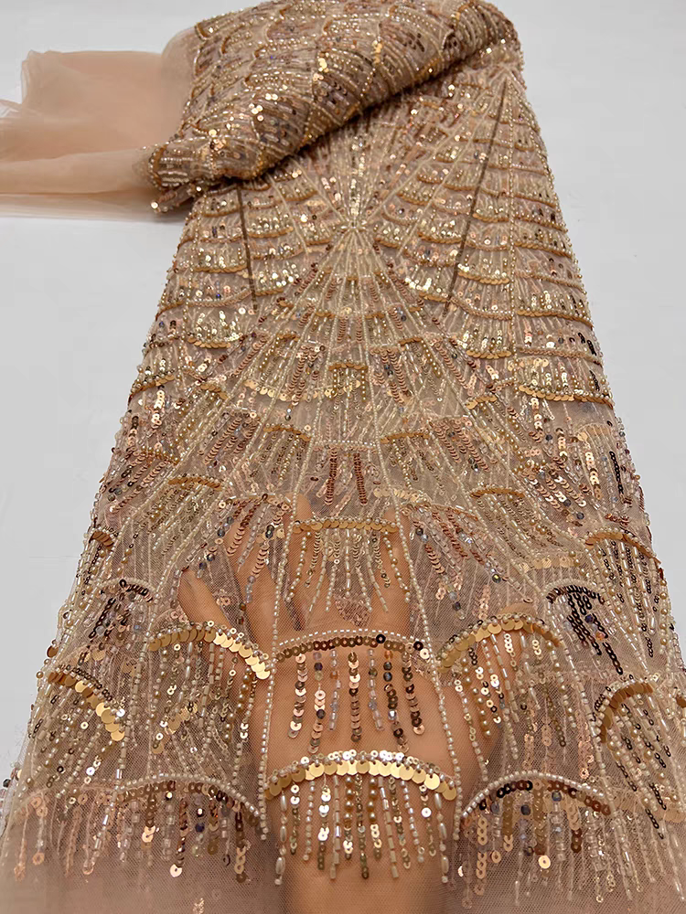Spot dark green mesh fabric heavy industry bead tube embroidery sequin mesh stripe sequin embroidery fabric dress wedding dress