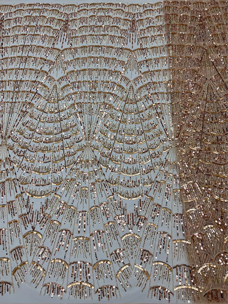 Spot dark green mesh fabric heavy industry bead tube embroidery sequin mesh stripe sequin embroidery fabric dress wedding dress