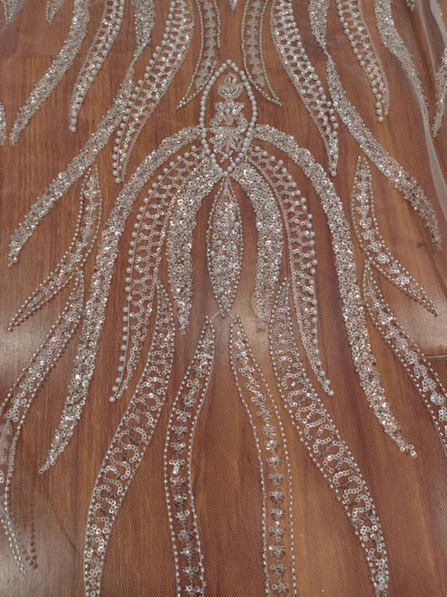 High-end mesh embroidery lace fabric silver-white beaded sequin wedding dress women's dress performance custom accessories lace