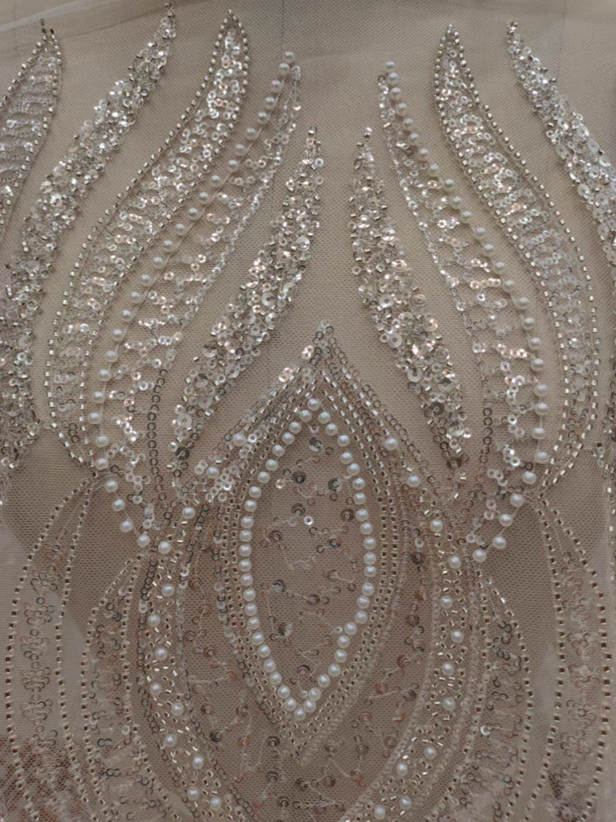 High-end mesh embroidery lace fabric silver-white beaded sequin wedding dress women's dress performance custom accessories lace
