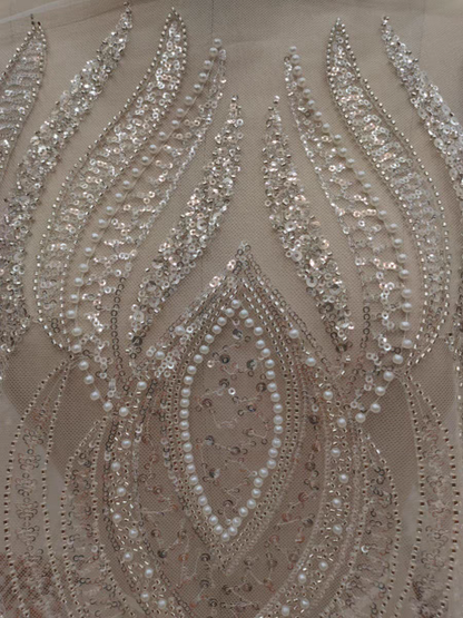 High-end mesh embroidery lace fabric silver-white beaded sequin wedding dress women's dress performance custom accessories lace