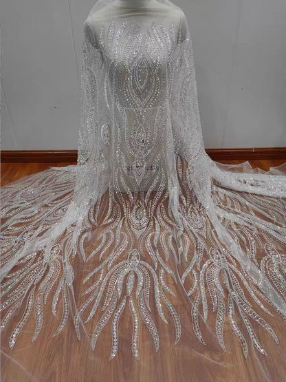 High-end mesh embroidery lace fabric silver-white beaded sequin wedding dress women's dress performance custom accessories lace