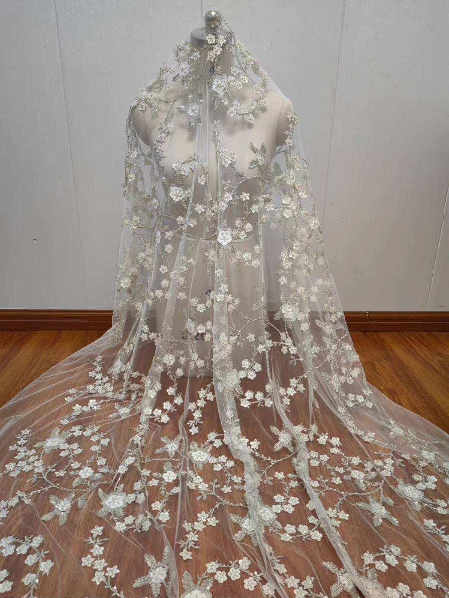 Heavy industry fashion sequin three-dimensional nail embroidery flower branches and leaves soft lace wedding dress mesh dress custom accessories lace