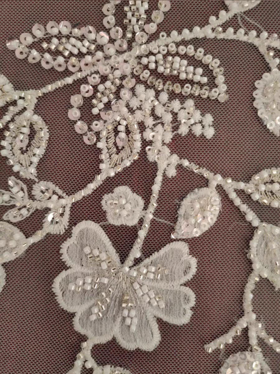 Classic high-quality beaded embroidery silver sequins lace mesh fabric wedding dress women's dress DIY lace accessories