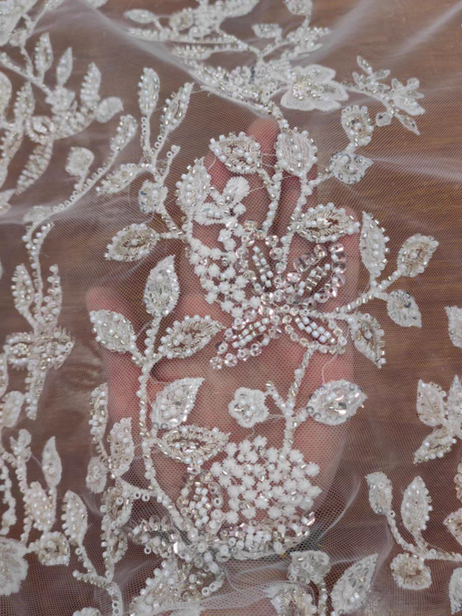 Classic high-quality beaded embroidery silver sequins lace mesh fabric wedding dress women's dress DIY lace accessories | Amehandmadesg