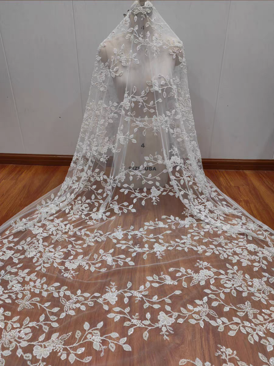 Classic high-quality beaded embroidery silver sequins lace mesh fabric wedding dress women's dress DIY lace accessories | Amehandmadesg
