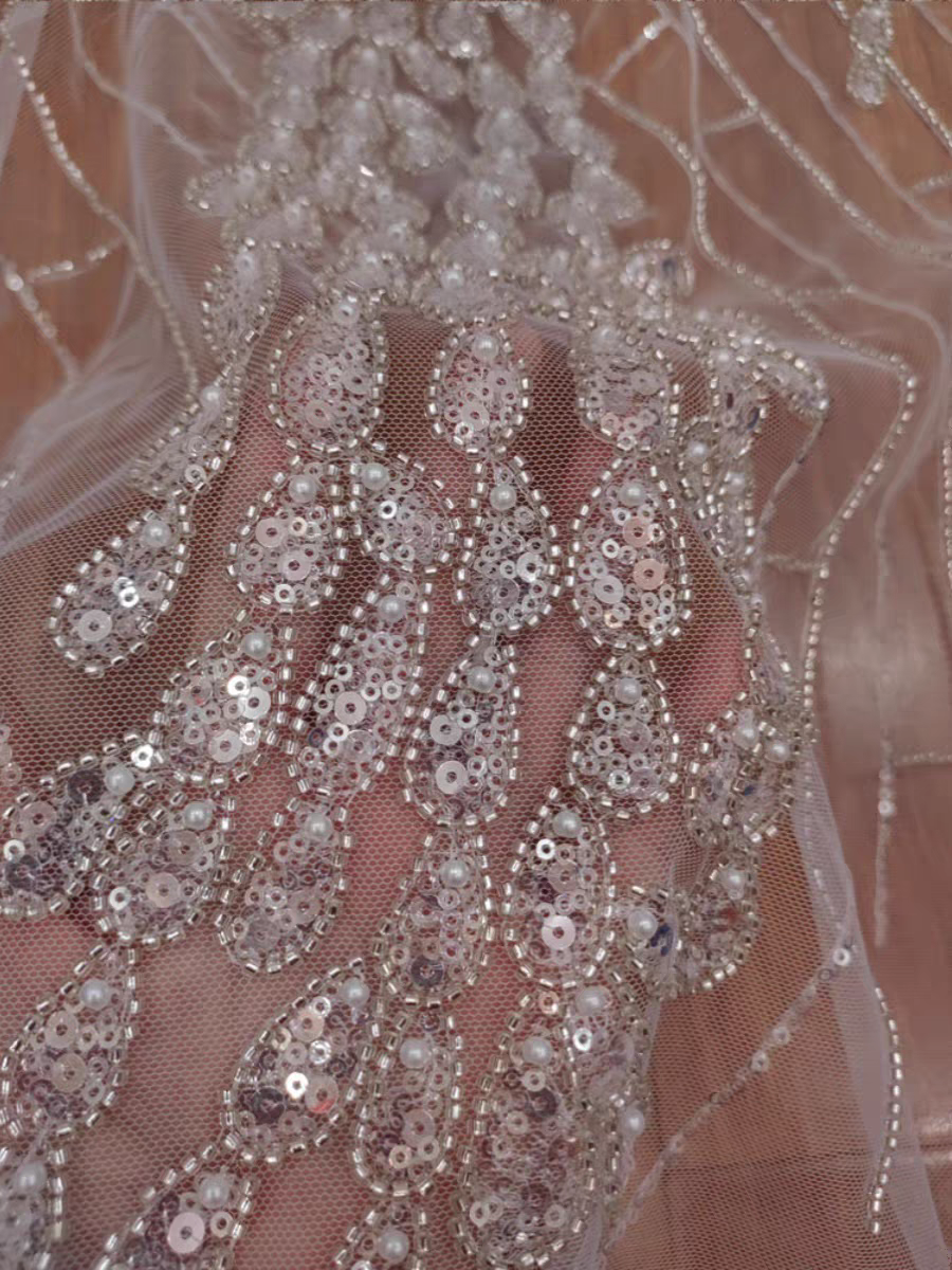 New French light luxury style high quality beaded sequins lace mesh wedding dress DIY lace clothing accessories | Amehandmadesg