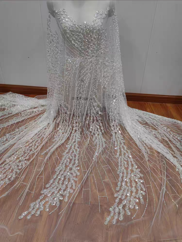 New French light luxury style high quality beaded sequins lace mesh wedding dress DIY lace clothing accessories