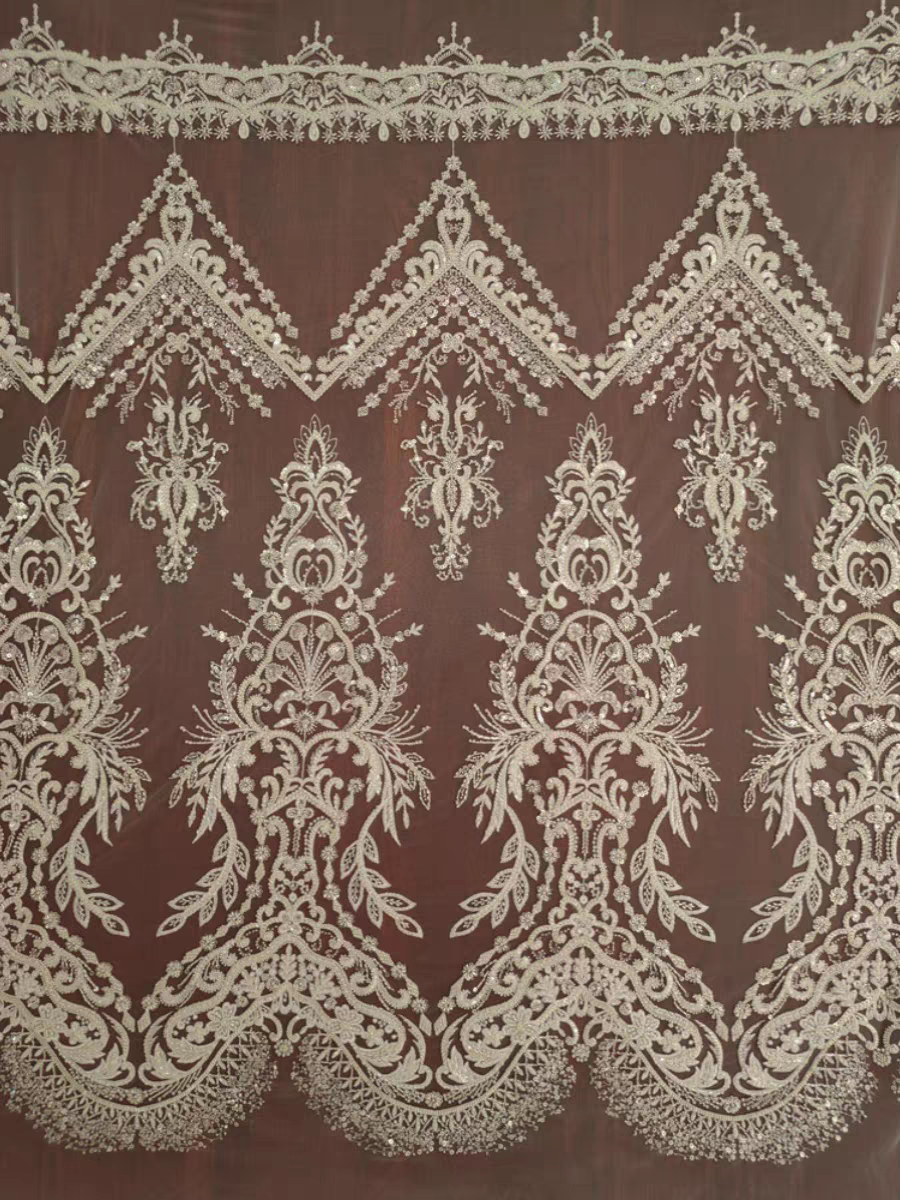 High quality heavy industry luxury style nail embroidery silver bead sequins lace mesh wedding dress lace clothing accessories | Amehandmadesg