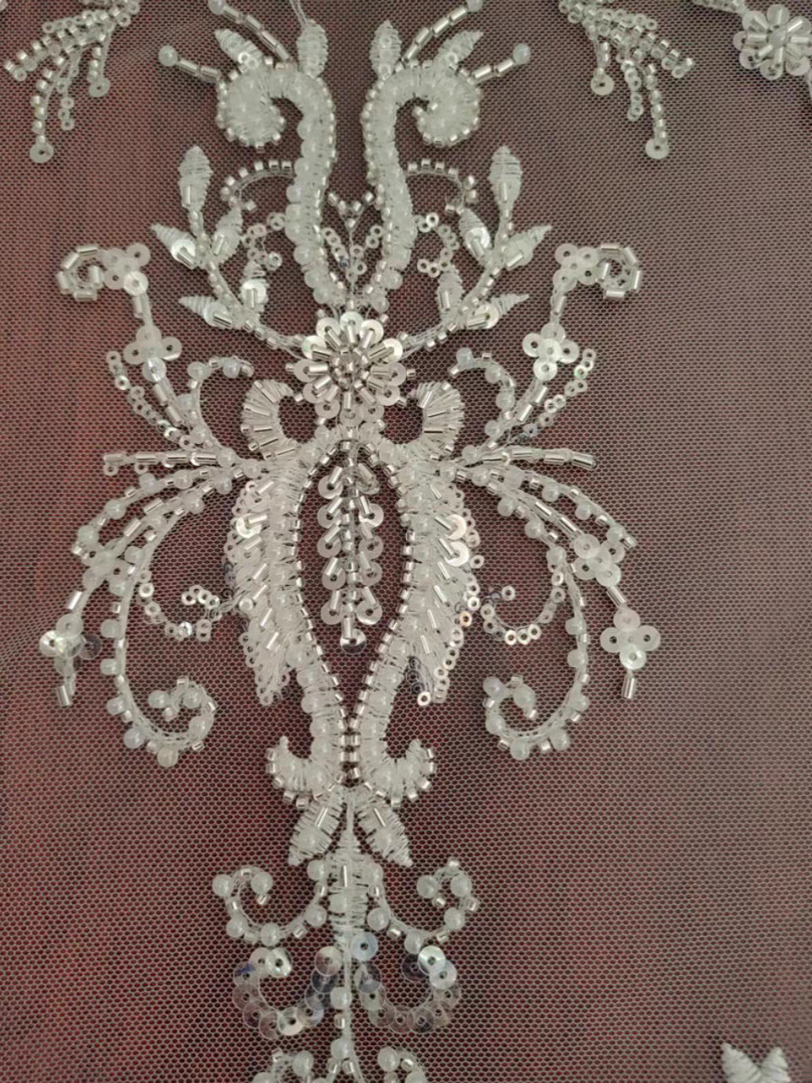 High quality heavy industry luxury style nail embroidery silver bead sequins lace mesh wedding dress lace clothing accessories | Amehandmadesg